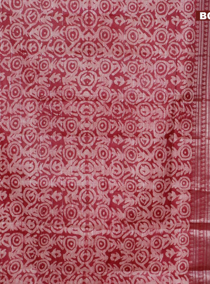 Semi tussar saree dark magenta pink and beige with allover batik prints and long silver zari woven border