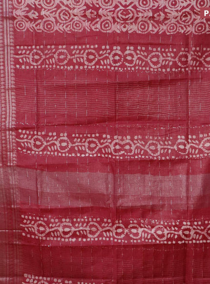 Semi tussar saree dark magenta pink and beige with allover batik prints and long silver zari woven border