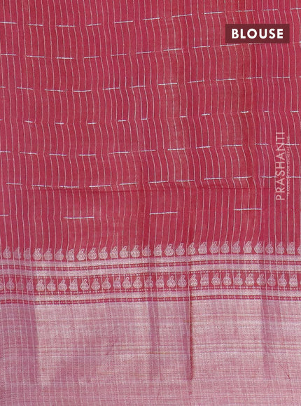 Semi tussar saree dark magenta pink and beige with allover batik prints and long silver zari woven border