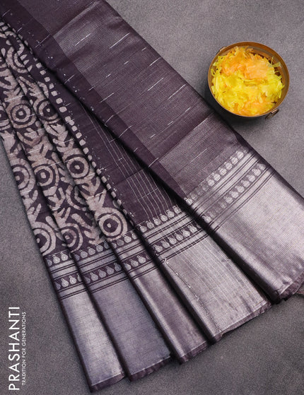 Semi tussar saree deep jamun shade and beige with allover batik prints and long silver zari woven border