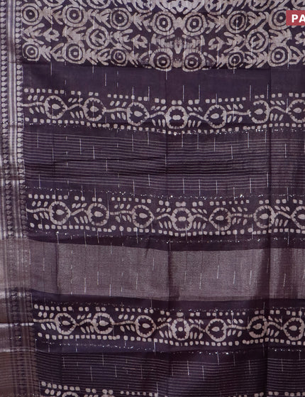 Semi tussar saree deep jamun shade and beige with allover batik prints and long silver zari woven border