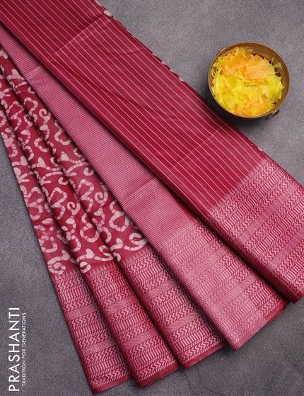 Semi tussar saree maroon and off white with allover batik prints and long thread woven border