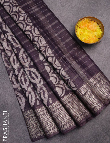 Semi tussar saree deep jamun shade and beige with allover batik prints and zari woven border