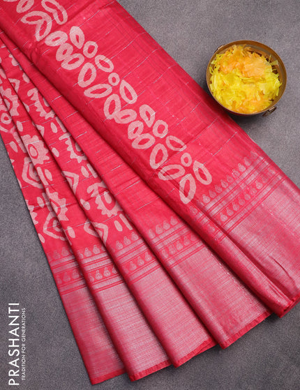 Semi tussar saree pink with allover batik prints and long silver zari woven border