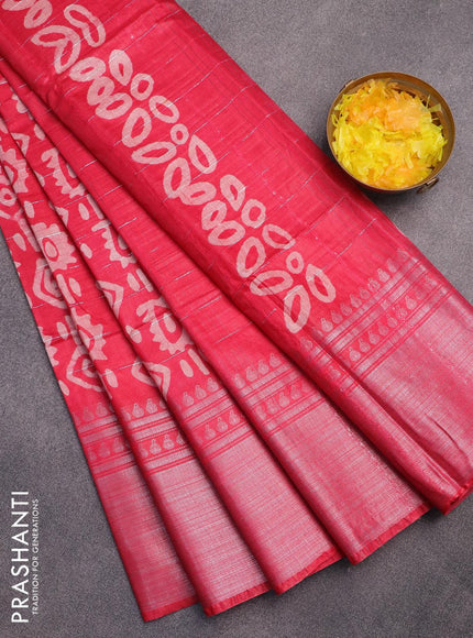 Semi tussar saree pink with allover batik prints and long silver zari woven border