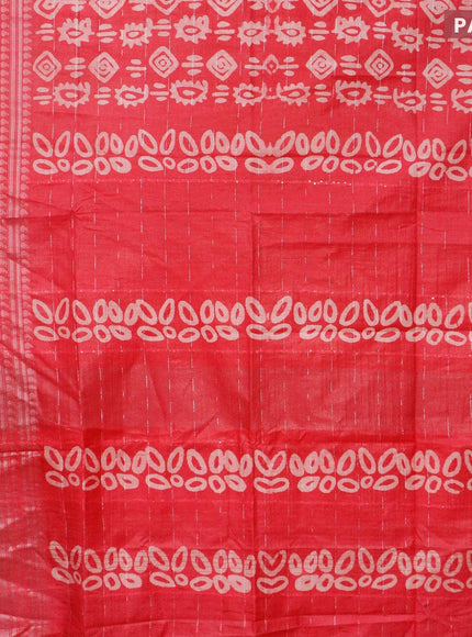 Semi tussar saree pink with allover batik prints and long silver zari woven border