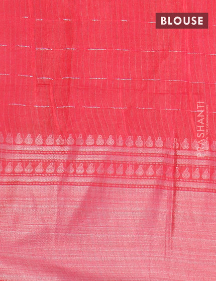 Semi tussar saree pink with allover batik prints and long silver zari woven border