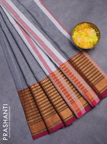 Narayanpet cotton saree grey and magenta pink with plain body and long zari woven border