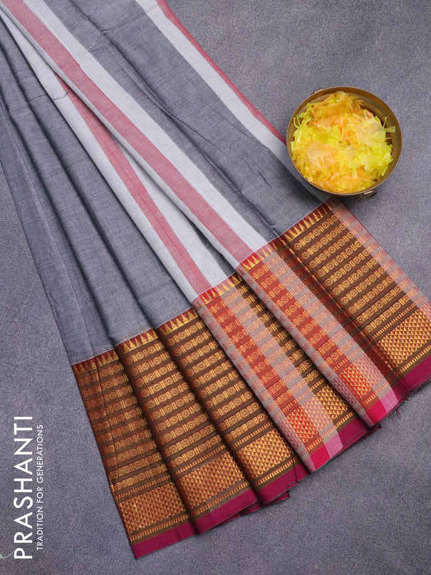 Narayanpet cotton saree grey and magenta pink with plain body and long zari woven border