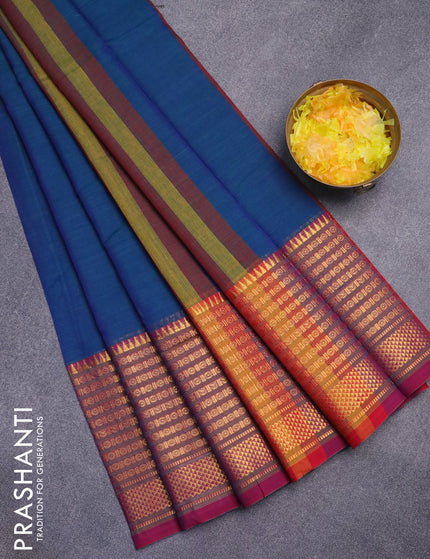 Narayanpet cotton saree bluish green and magenta pink with plain body and long zari woven border