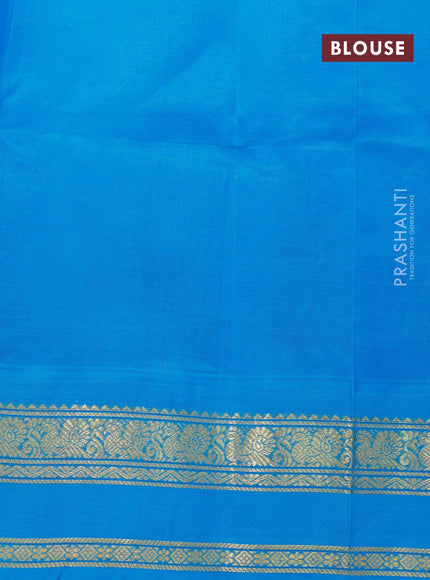 Silk cotton saree rustic brown and cs blue with plain body and rettapet zari woven korvai border