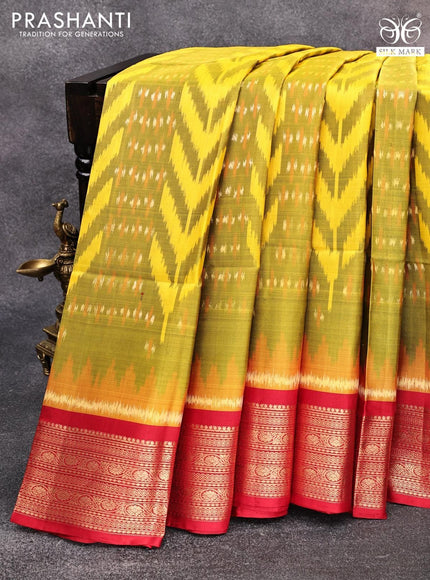 Ikat soft silk saree yellow and red with allover ikat weaves and zari woven border