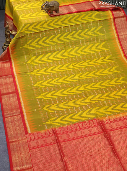 Ikat soft silk saree yellow and red with allover ikat weaves and zari woven border