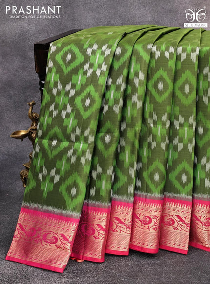 Ikat soft silk saree mehendi green and dual shade of pinkish red with allover ikat weaves and peacock zari woven border