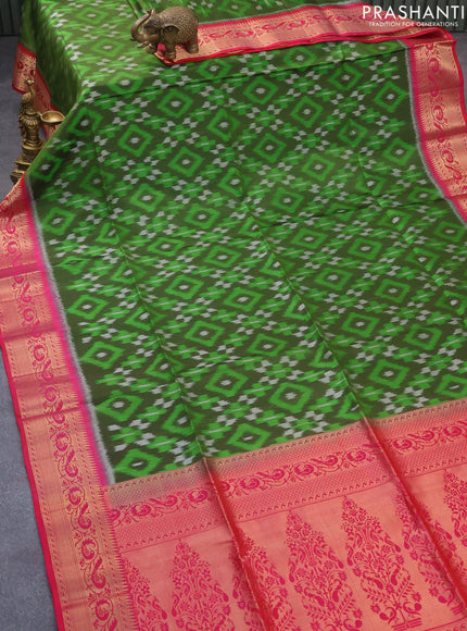 Ikat soft silk saree mehendi green and dual shade of pinkish red with allover ikat weaves and peacock zari woven border