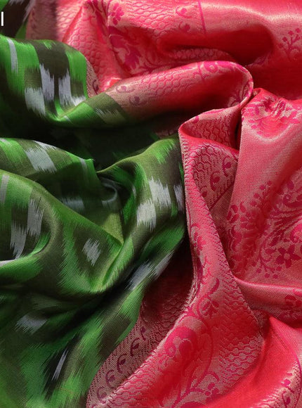 Ikat soft silk saree mehendi green and dual shade of pinkish red with allover ikat weaves and peacock zari woven border