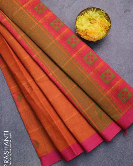 Nithyam cotton saree orange and pink with allover checks & buttas and simple border