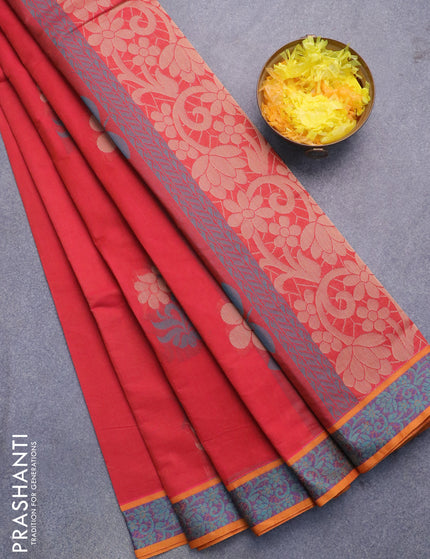 Nithyam cotton saree red and mustard yellow with thread woven buttas and thread woven border