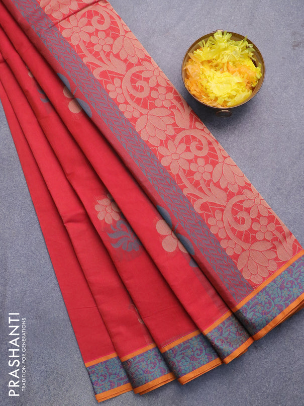 Nithyam cotton saree red and mustard yellow with thread woven buttas and thread woven border