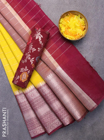 Semi dupion saree yellow and deep maroon with allover zari stripes pattern and long zari woven border & meenakari blouse