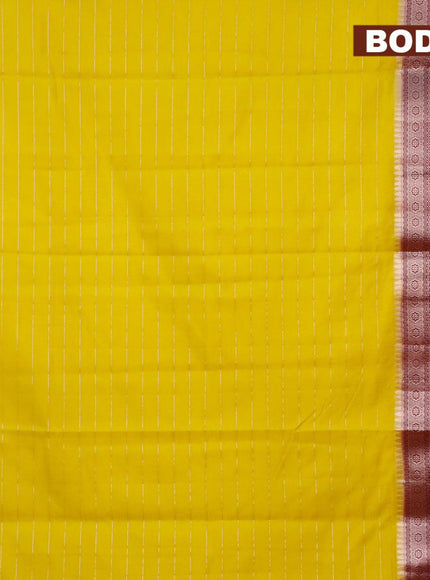 Semi dupion saree yellow and deep maroon with allover zari stripes pattern and long zari woven border & meenakari blouse