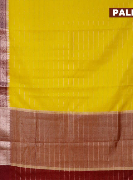 Semi dupion saree yellow and deep maroon with allover zari stripes pattern and long zari woven border & meenakari blouse