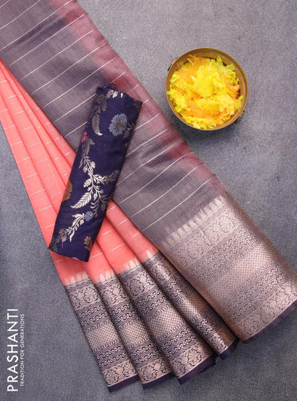 Semi dupion saree peach orange and navy blue with allover zari stripes pattern and long zari woven border & meenakari blouse