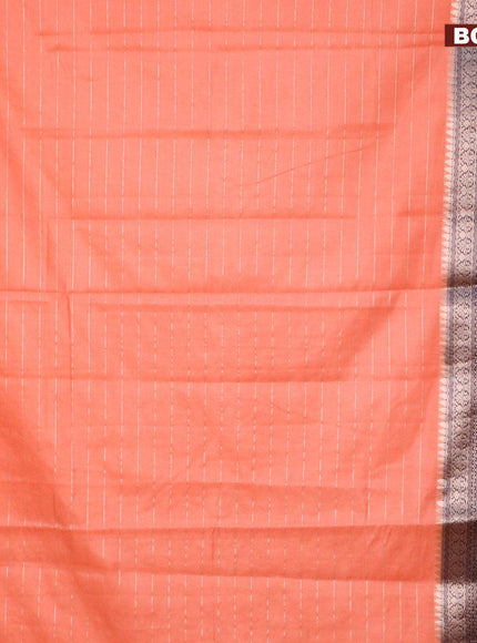 Semi dupion saree peach orange and navy blue with allover zari stripes pattern and long zari woven border & meenakari blouse