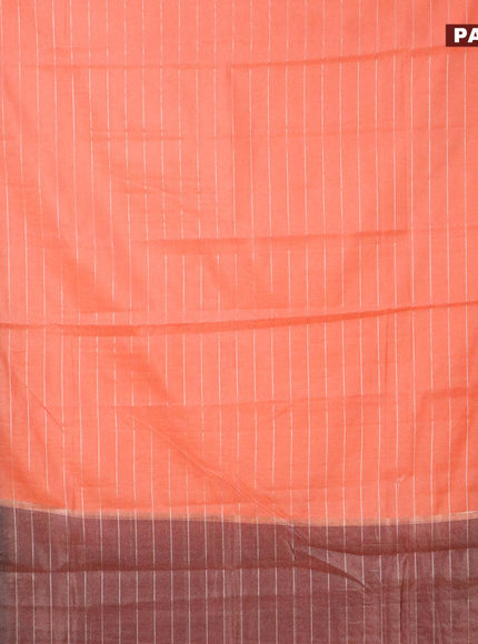 Semi dupion saree peach orange and navy blue with allover zari stripes pattern and long zari woven border & meenakari blouse