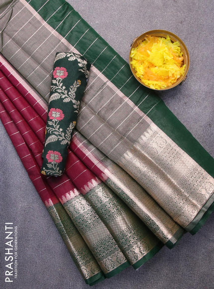 Semi dupion saree deep maroon and green with allover zari stripes pattern and long zari woven border & meenakari blouse