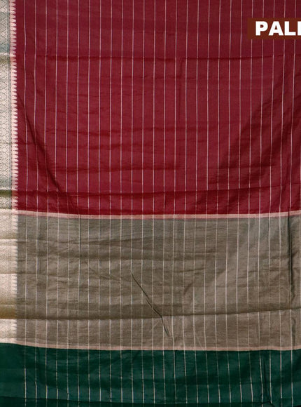 Semi dupion saree deep maroon and green with allover zari stripes pattern and long zari woven border & meenakari blouse