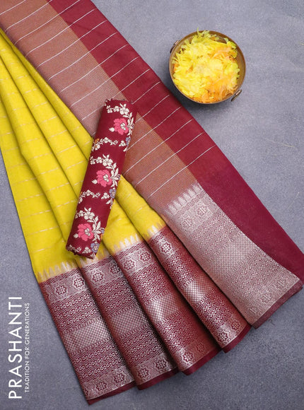 Semi dupion saree yellow and maroon with allover zari stripes pattern and long zari woven border & meenakari blouse