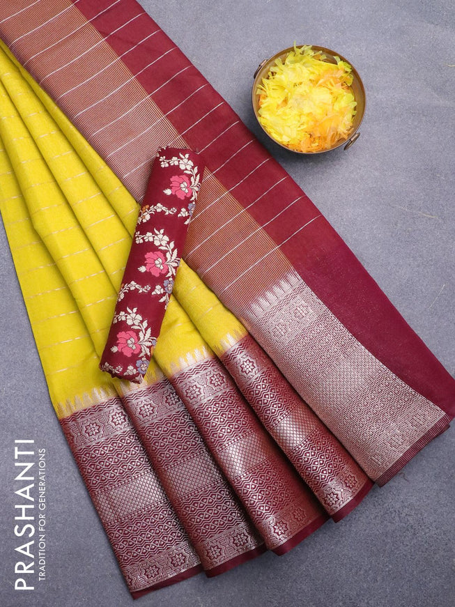 Semi dupion saree yellow and maroon with allover zari stripes pattern and long zari woven border & meenakari blouse