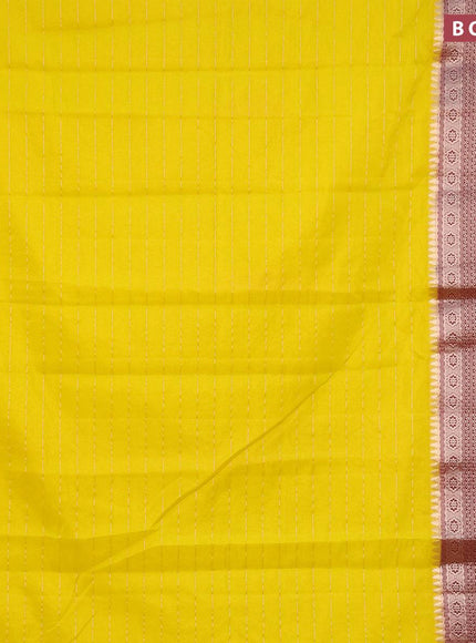 Semi dupion saree yellow and maroon with allover zari stripes pattern and long zari woven border & meenakari blouse