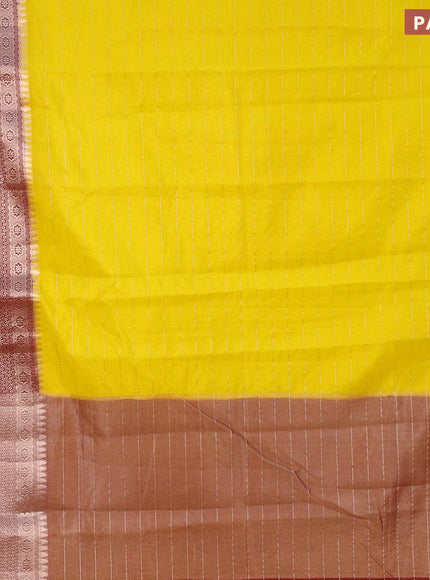 Semi dupion saree yellow and maroon with allover zari stripes pattern and long zari woven border & meenakari blouse