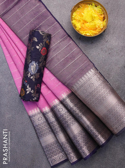 Semi dupion saree lavender and navy blue with allover zari stripes pattern and long zari woven border & meenakari blouse