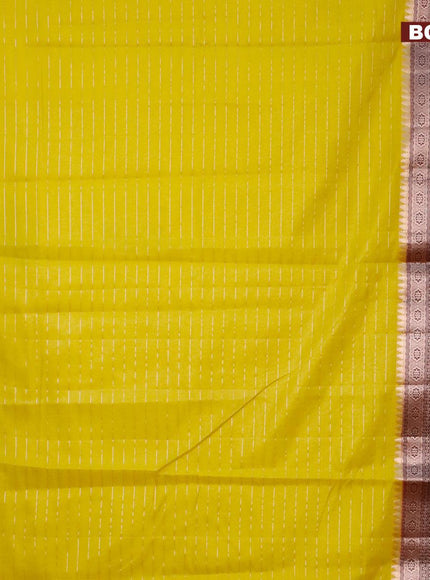 Semi dupion saree lime yellow and deep maroon with allover zari stripes pattern and long zari woven border & meenakari blouse