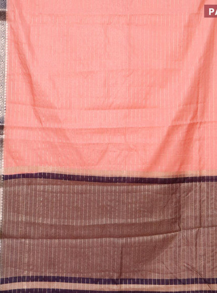 Semi dupion saree peach shade and dark navy blue with allover zari stripes pattern and long zari woven border & meenakari blouse