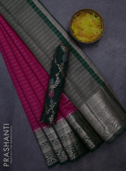 Semi dupion saree pink and bottle green with allover zari stripes pattern and long zari woven border & meenakari blouse