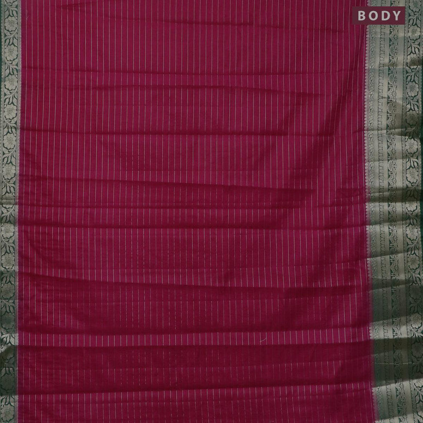 Semi dupion saree pink and bottle green with allover zari stripes pattern and long zari woven border & meenakari blouse