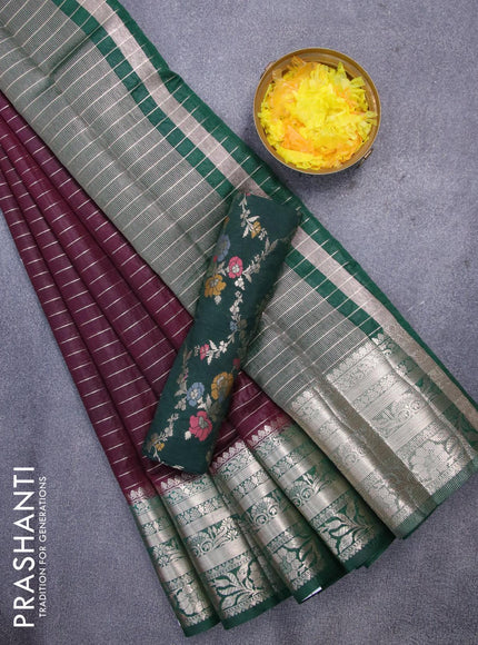 Semi dupion saree wine shade and dark green with allover zari stripes pattern and long zari woven border & meenakari blouse