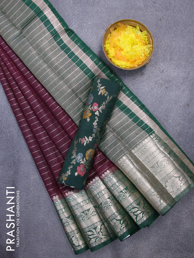 Semi dupion saree wine shade and dark green with allover zari stripes pattern and long zari woven border & meenakari blouse