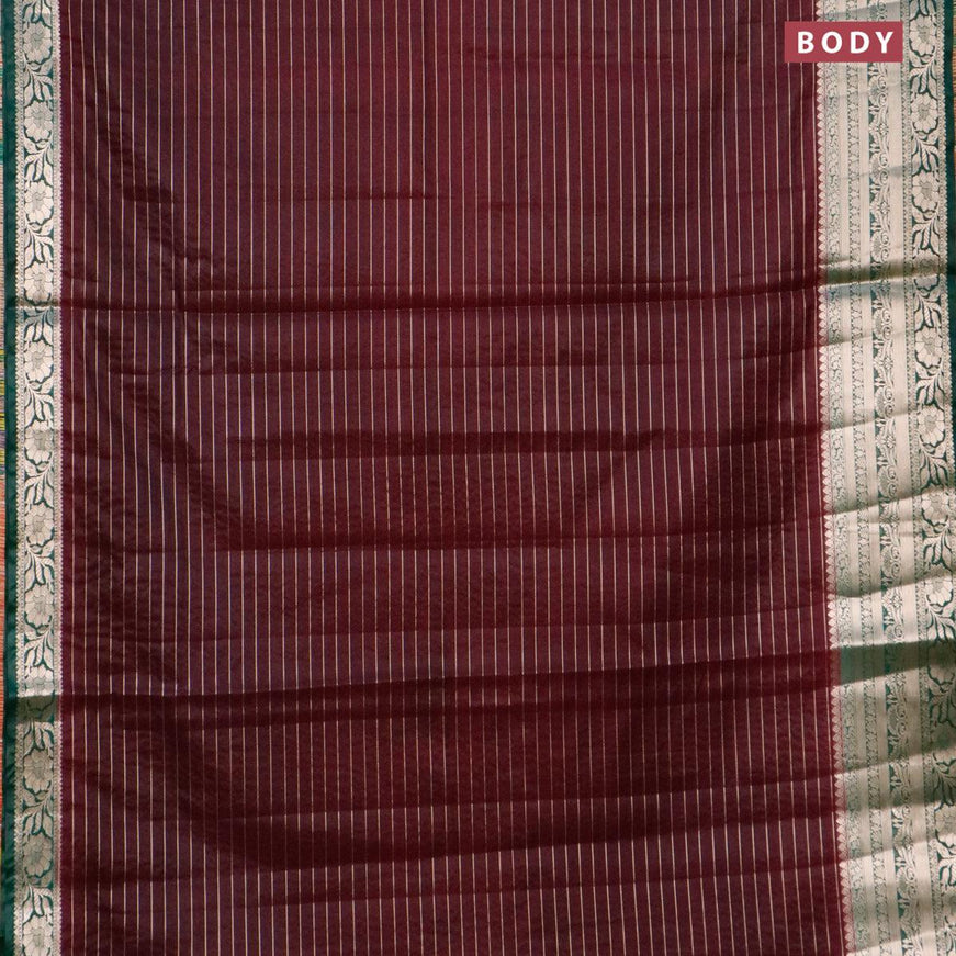 Semi dupion saree wine shade and dark green with allover zari stripes pattern and long zari woven border & meenakari blouse