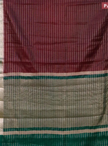 Semi dupion saree wine shade and dark green with allover zari stripes pattern and long zari woven border & meenakari blouse