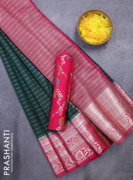 Semi dupion saree bottle green and dark pink with allover zari stripes pattern and long zari woven border & meenakari blouse