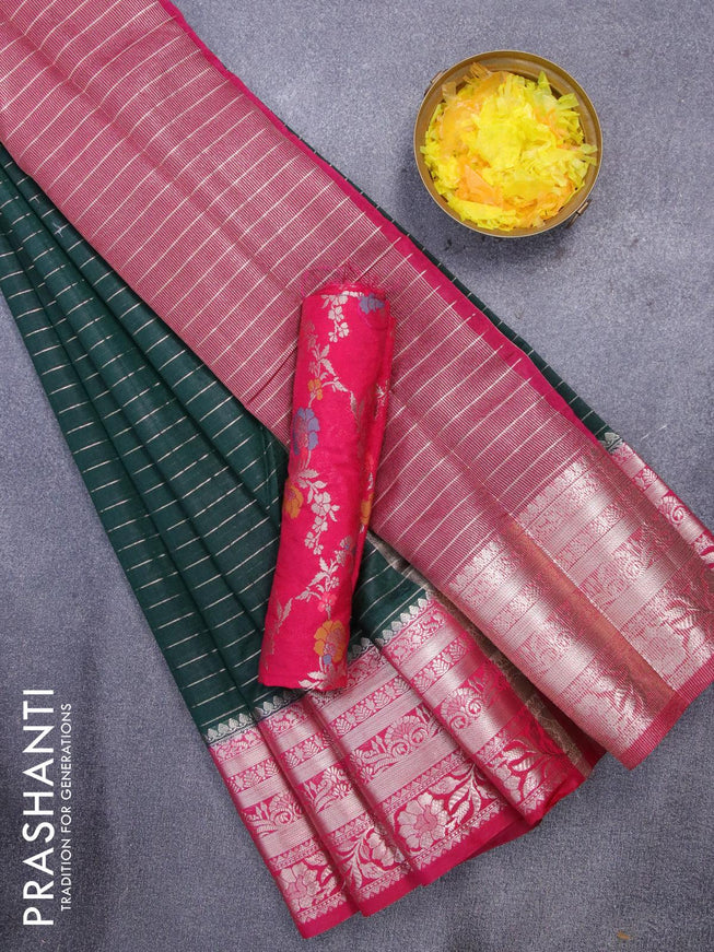 Semi dupion saree bottle green and dark pink with allover zari stripes pattern and long zari woven border & meenakari blouse