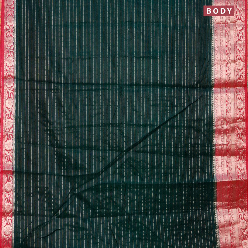 Semi dupion saree bottle green and dark pink with allover zari stripes pattern and long zari woven border & meenakari blouse