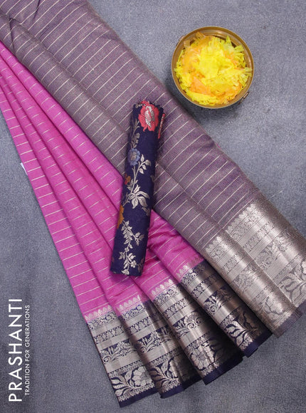 Semi dupion saree lavender and navy blue with allover zari stripes pattern and long zari woven border & meenakari blouse