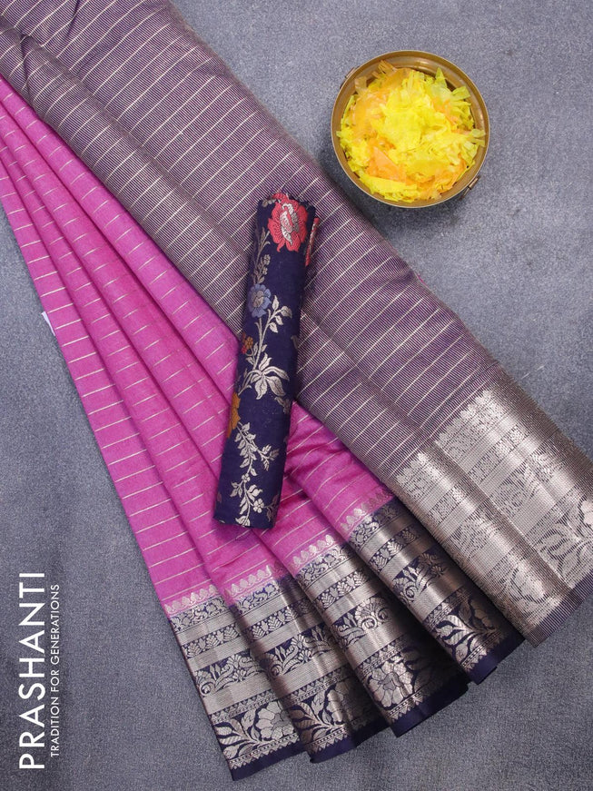 Semi dupion saree lavender and navy blue with allover zari stripes pattern and long zari woven border & meenakari blouse