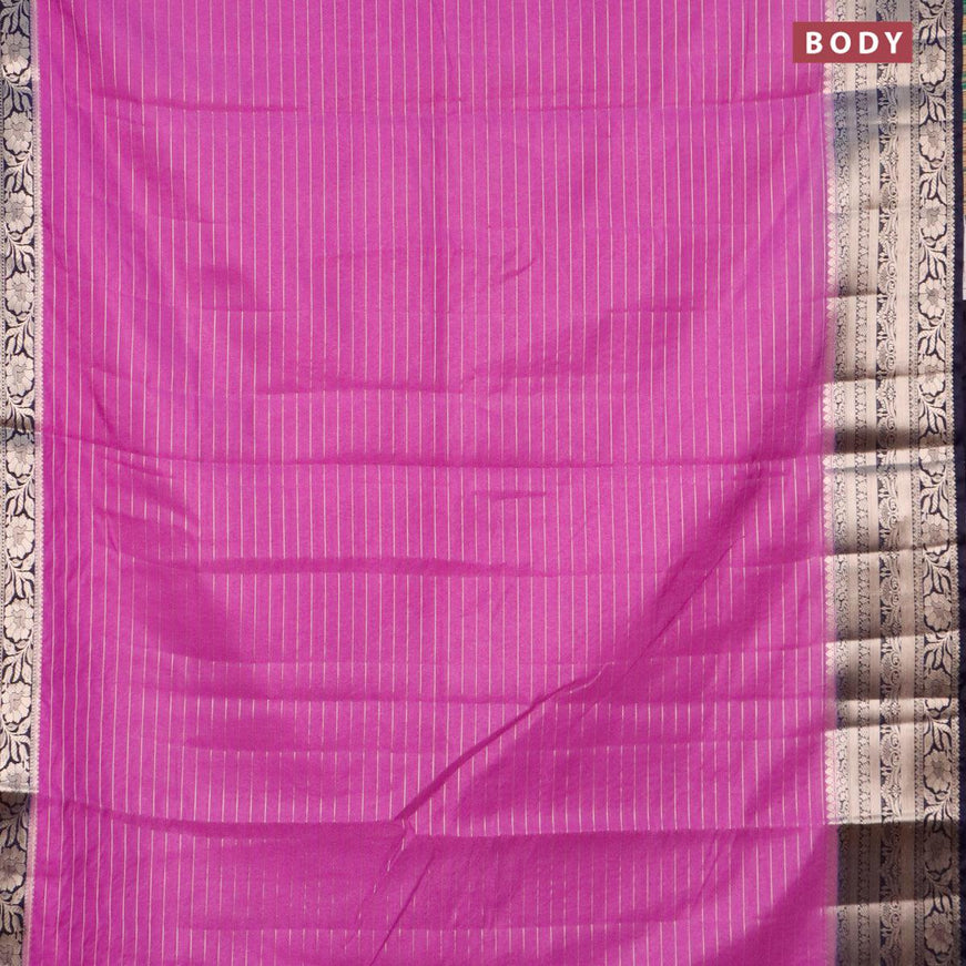 Semi dupion saree lavender and navy blue with allover zari stripes pattern and long zari woven border & meenakari blouse